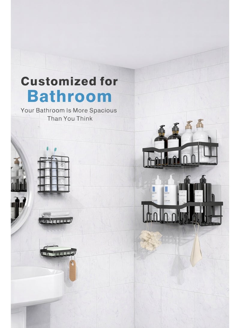 وين هولدر طقم منظم حمام 5 قطع، رف دش لاصق، بدون ثقب، سعة كبيرة، ستانلس ستيل مقاوم للصدأ، مزود بـ 4 خطافات، رفوف لتنظيم الدش من الداخل - لون أسود - Image 2